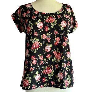 Womens Top Size Medium Black Pink Floral Cottage Soft Goth Cuffed Cap Sleeve